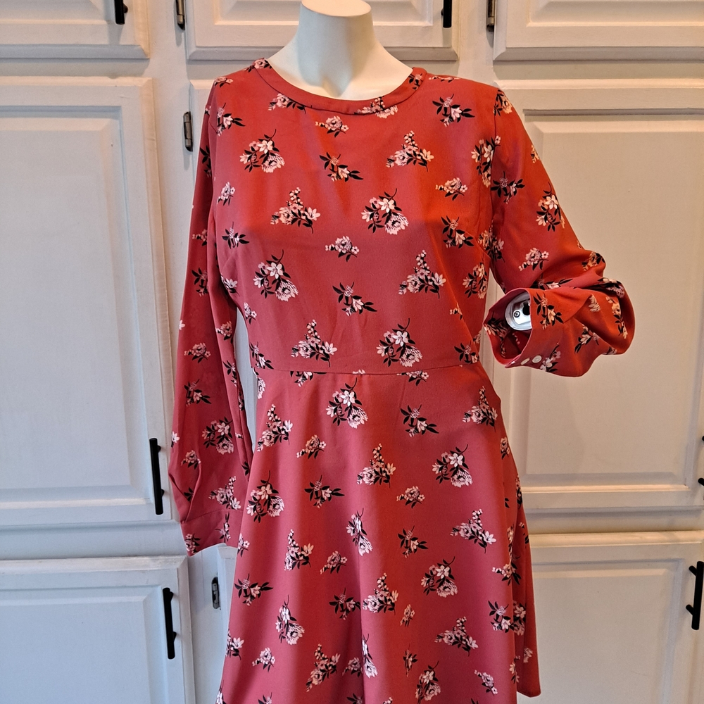 LOFT Floral Salmon Pink A-line Long Sleeve Mini Dress